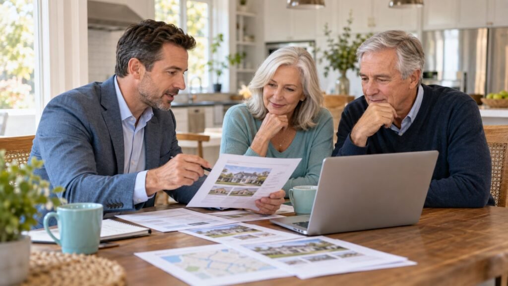 Real estate agent reviewing home sales with seller clients at a kitchen table
