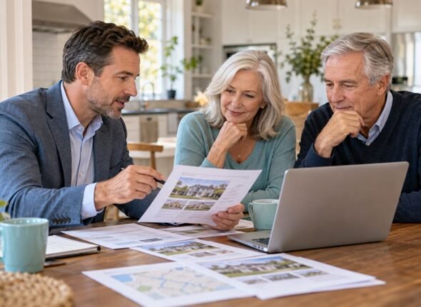 Real estate agent reviewing home sales with seller clients at a kitchen table