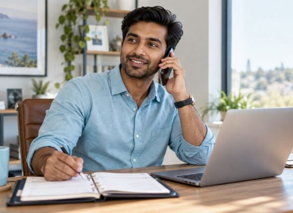 Real estate agent on a call at a home office desk