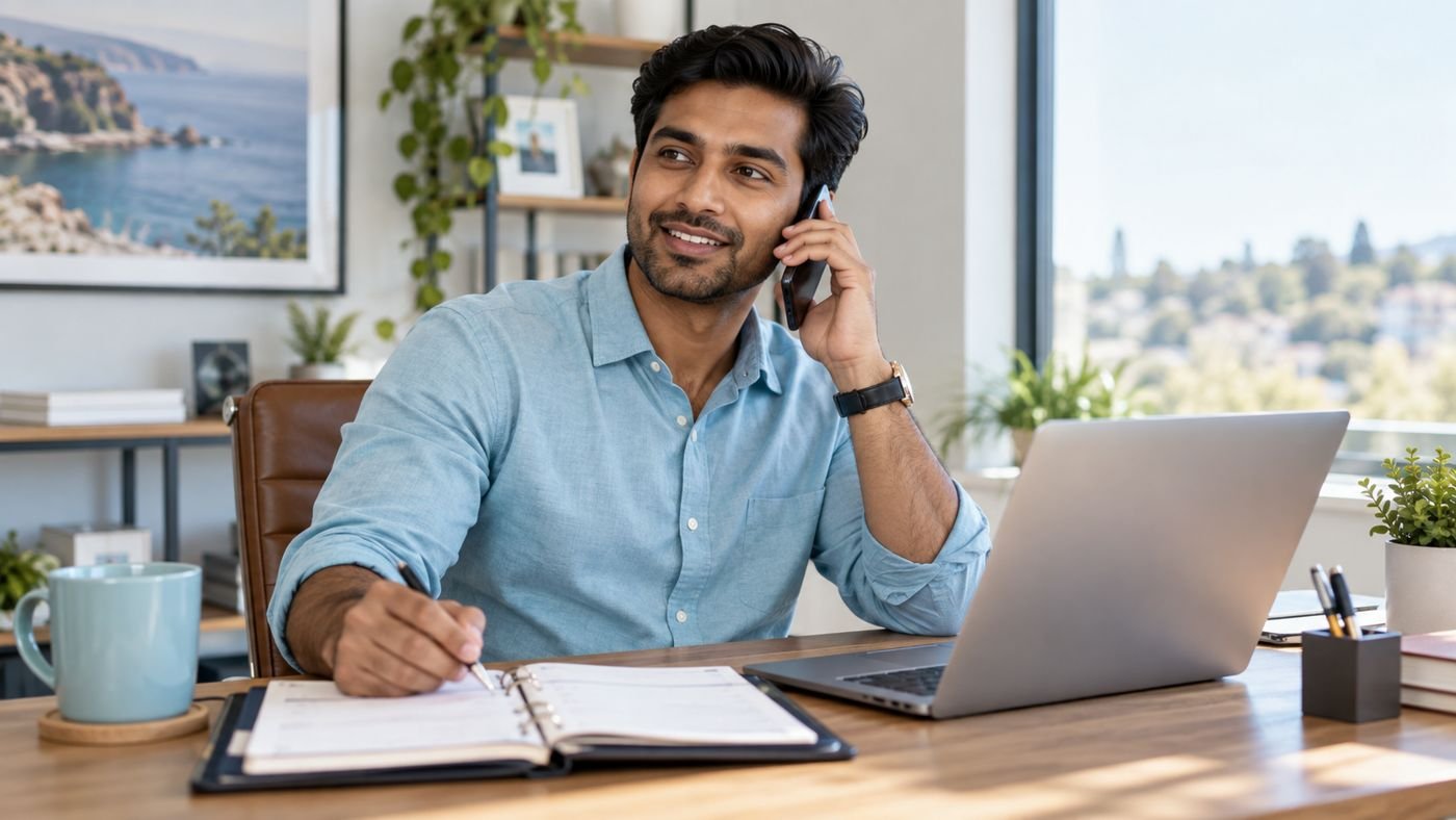 Real estate agent on a call at a home office desk