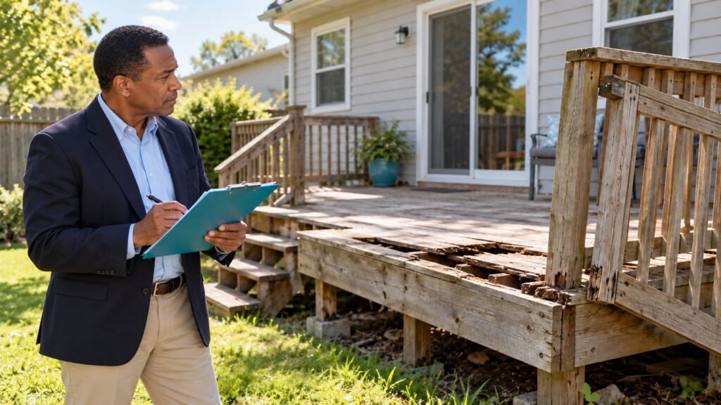 Real estate agent noting repairs on a worn deck