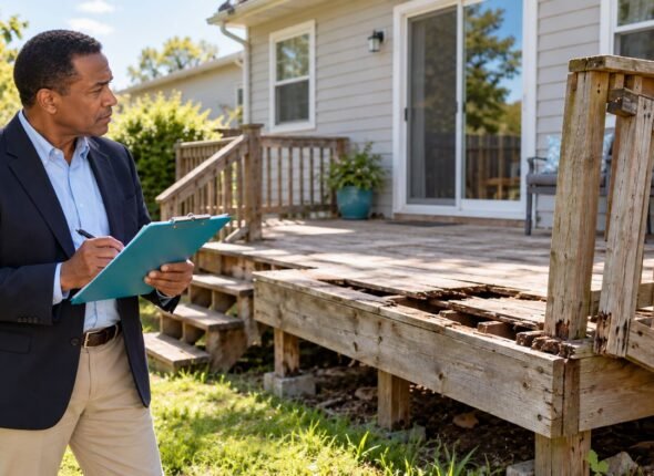 Real estate agent noting repairs on a worn deck