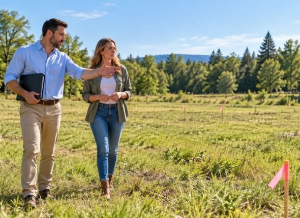 Real estate agent walking a vacant lot with a client
