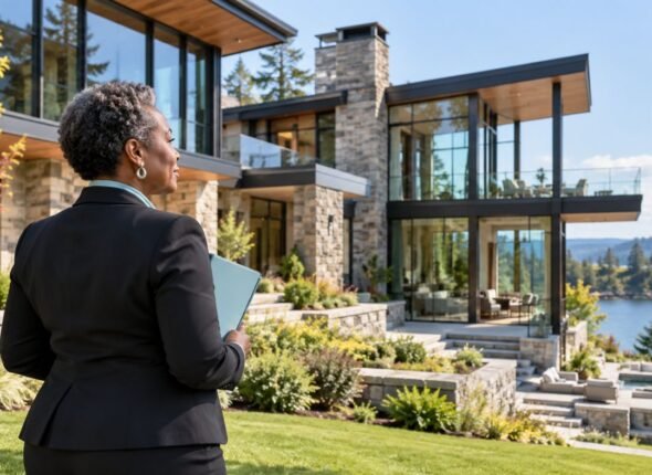 Real estate agent looking at a one-of-a-kind waterfront home