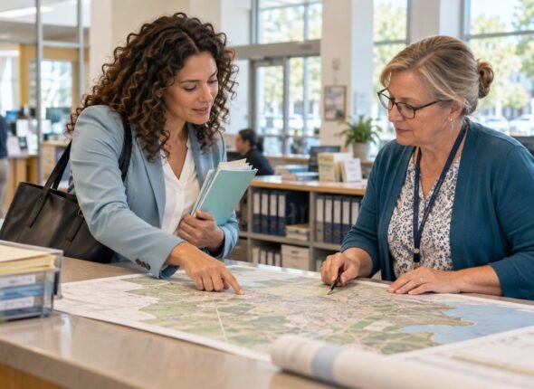 Real estate agent reviewing a property map with a clerk at a town records office