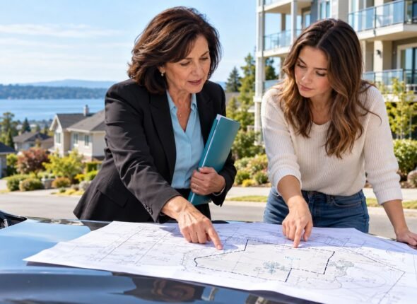 Real estate agent and client reviewing a property survey