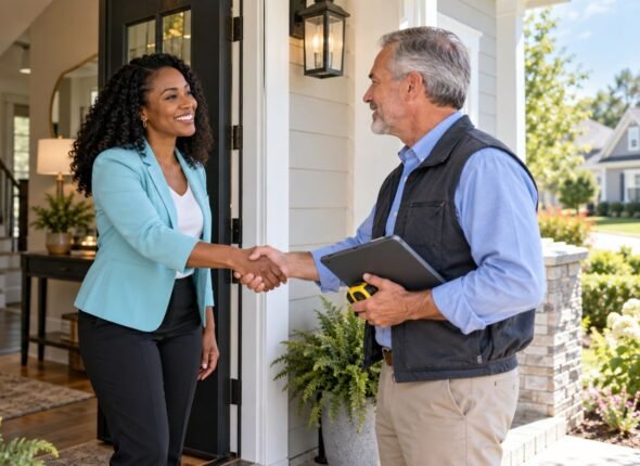 Real estate agent greeting an appraiser at the front door of a home